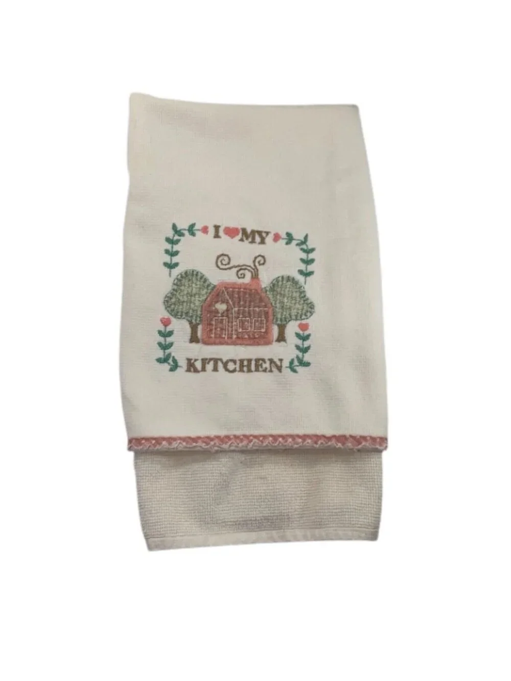 I Love My Kitchen Embroidered Cotton Hand Towels Set Of 2 White with Pink Trim